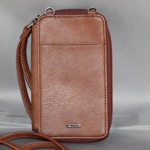Relic Womens Crossbody Cell Phone Wallet Cognac Faux Leather Wristlet Brown